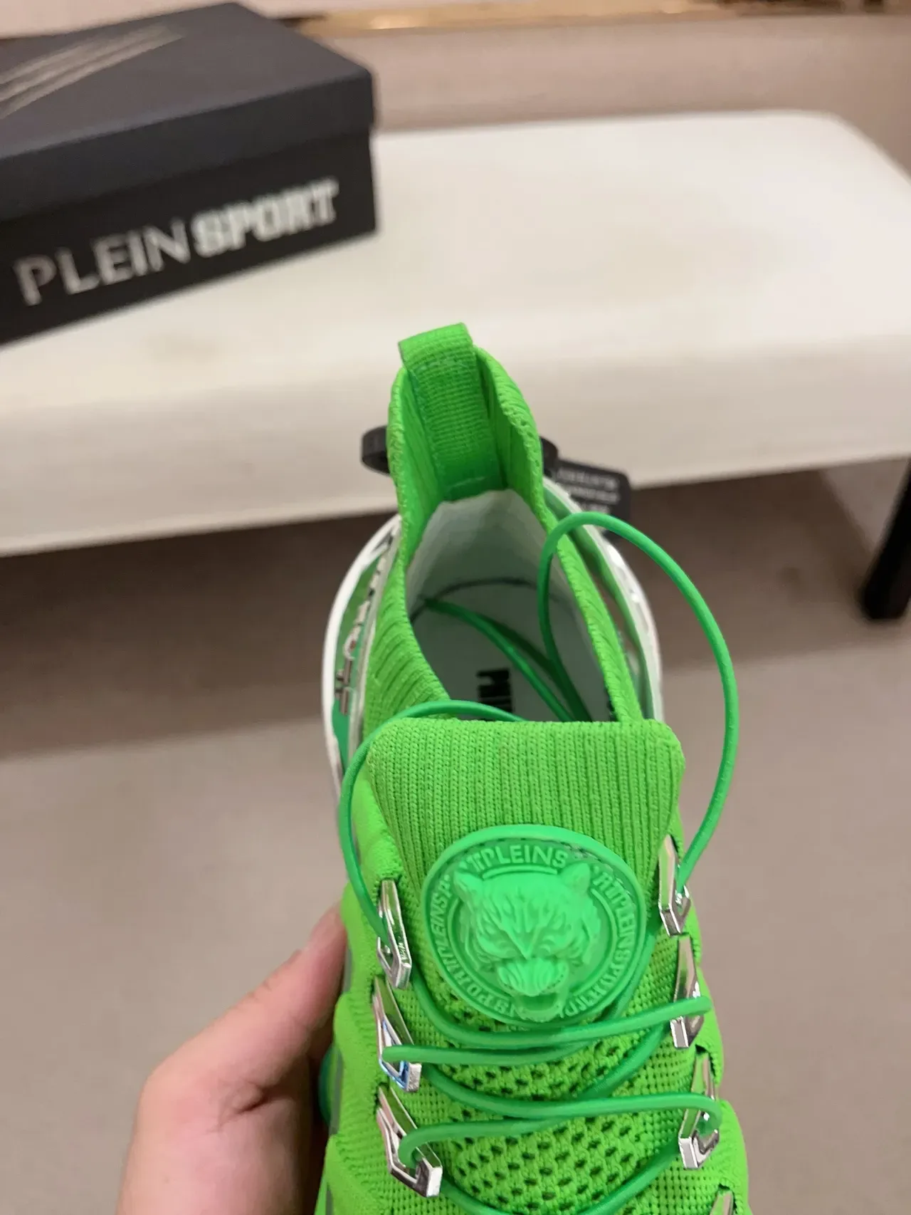 PLEIN SPORT Verde Transparente Tejido Ajuste Calcetín Superior Escultido Ondulado Media Suela Zapatillas 4