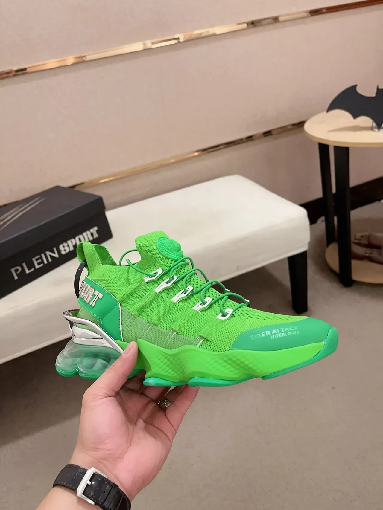 PLEIN SPORT Verde Transparente Tejido Ajuste Calcetín Superior Escultido Ondulado Media Suela Zapatillas 5