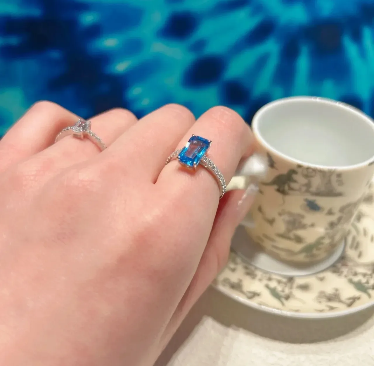Rectangular Aqua Gemstone Pavé Ring 2