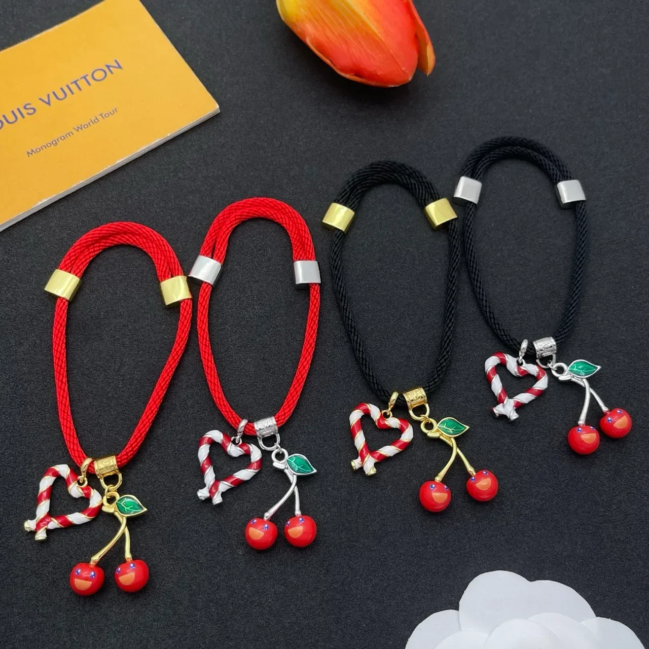 Red Braided Cord Enamel Heart and Cherry Charm Bracelet 2