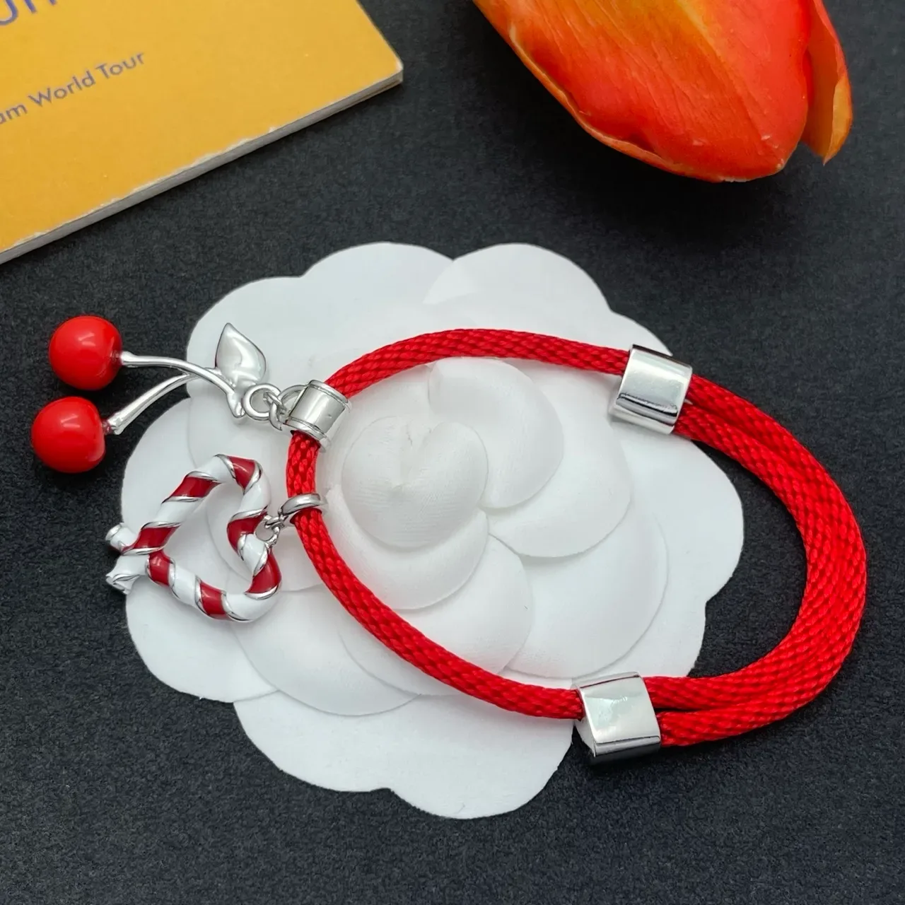 Red Braided Cord Enamel Heart and Cherry Charm Bracelet 4
