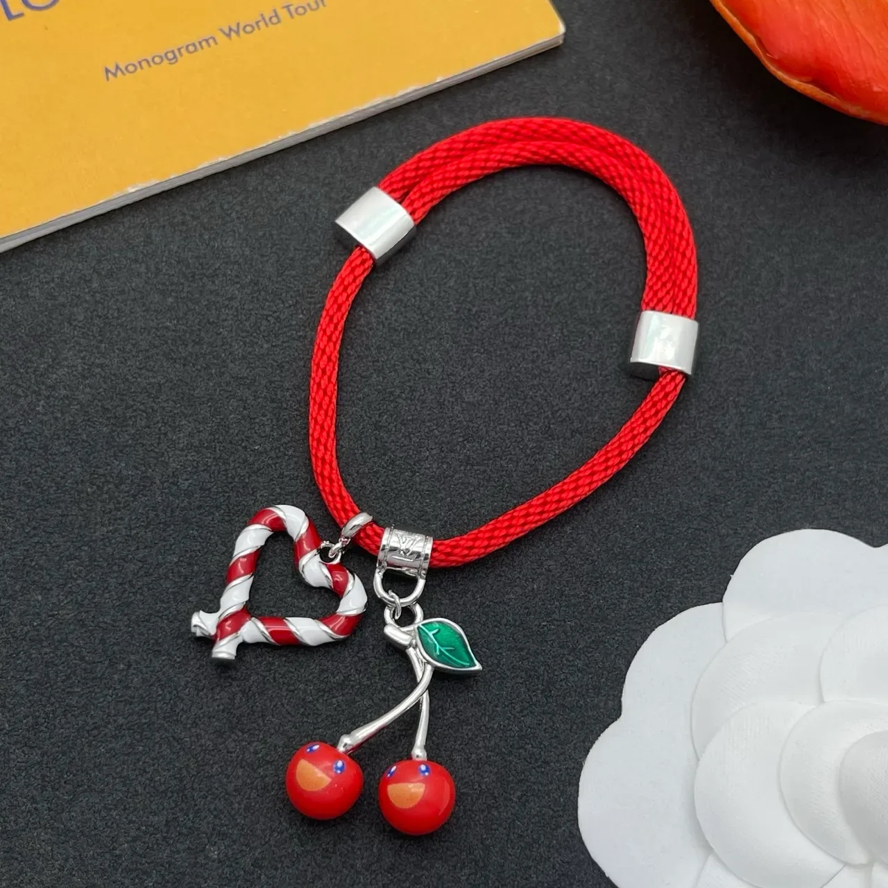 Red Braided Cord Enamel Heart and Cherry Charm Bracelet 7