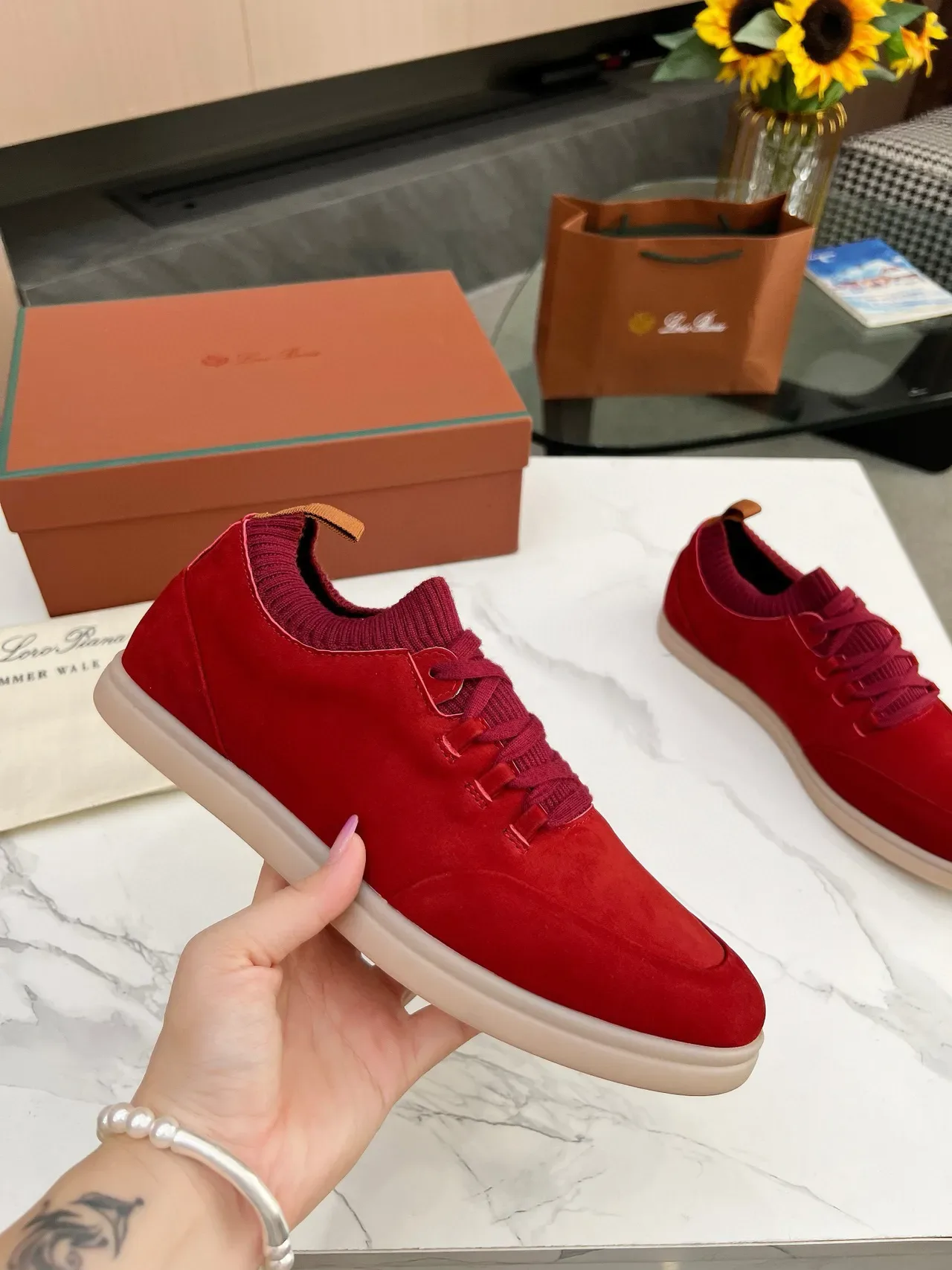 Red Suede Knit-Collar Low-Top Lifestyle Sneakers 2