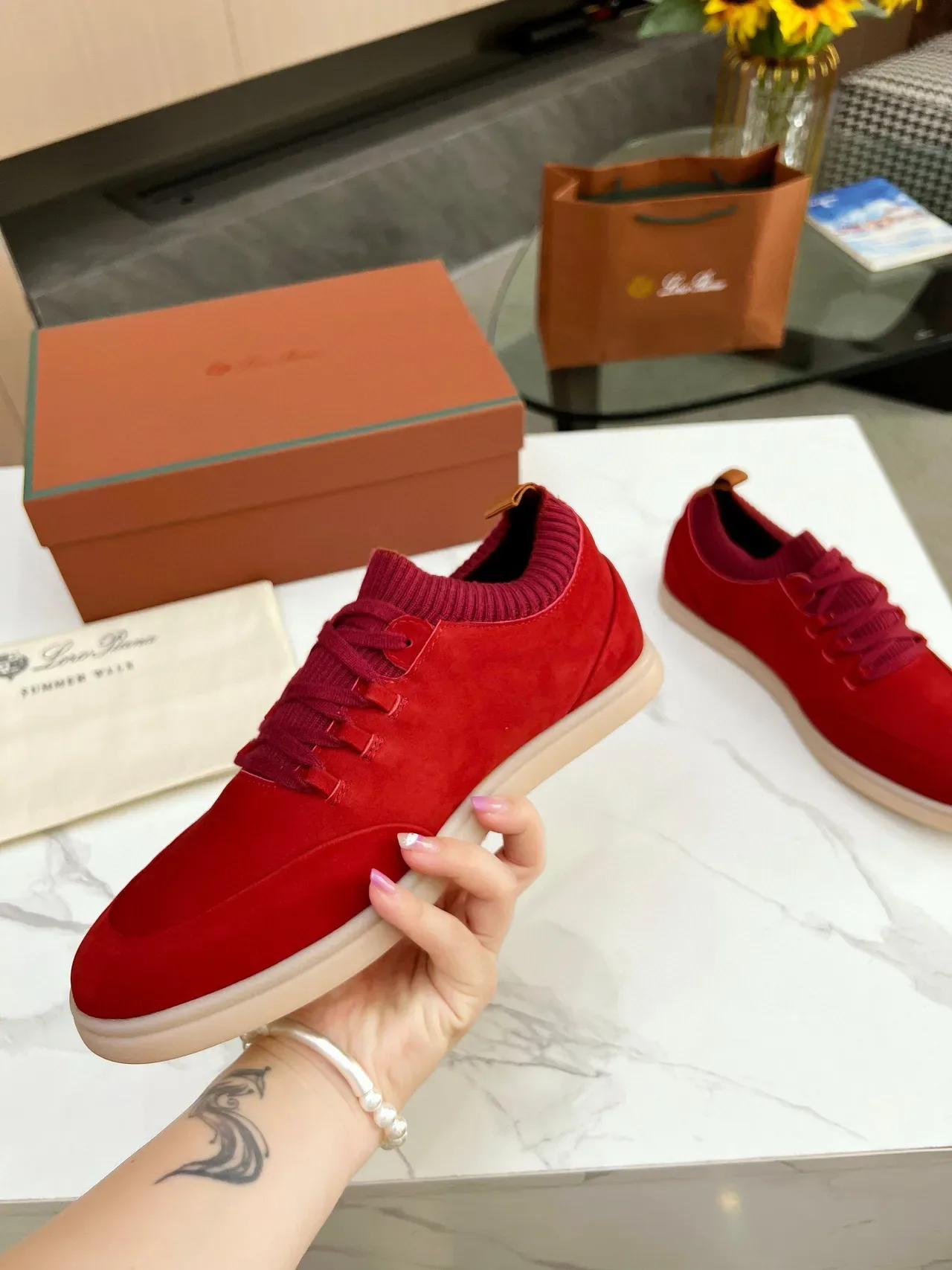 Red Suede Knit-Collar Low-Top Lifestyle Sneakers 3