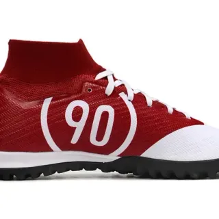 Chuteiras de futebol turf vermelho e branco altas com upper knit e gola de meia