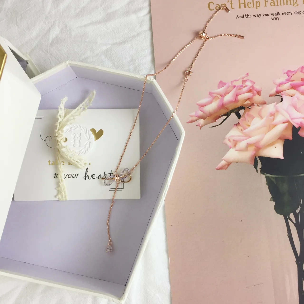 Rose Gold Pavé Bow Pendant Necklace 5
