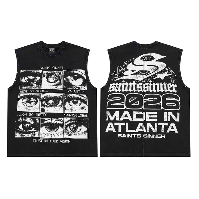 Saints Sinner Vest Top en Denim Noir Imprimé Graphique Bordure Rhinestone 2