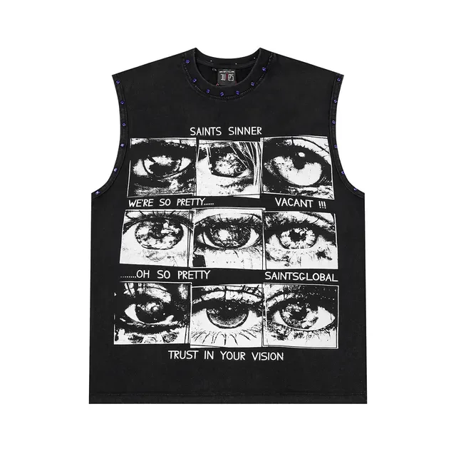 Saints Sinner Vest Top en Denim Noir Imprimé Graphique Bordure Rhinestone 3