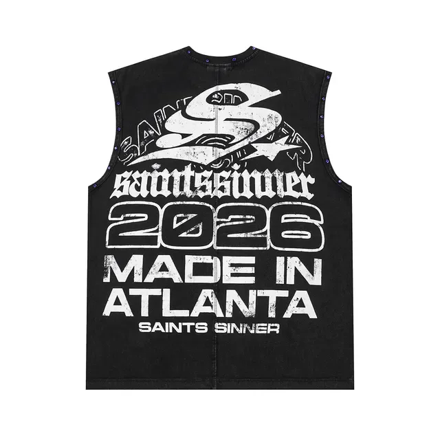 Saints Sinner Vest Top en Denim Noir Imprimé Graphique Bordure Rhinestone 4