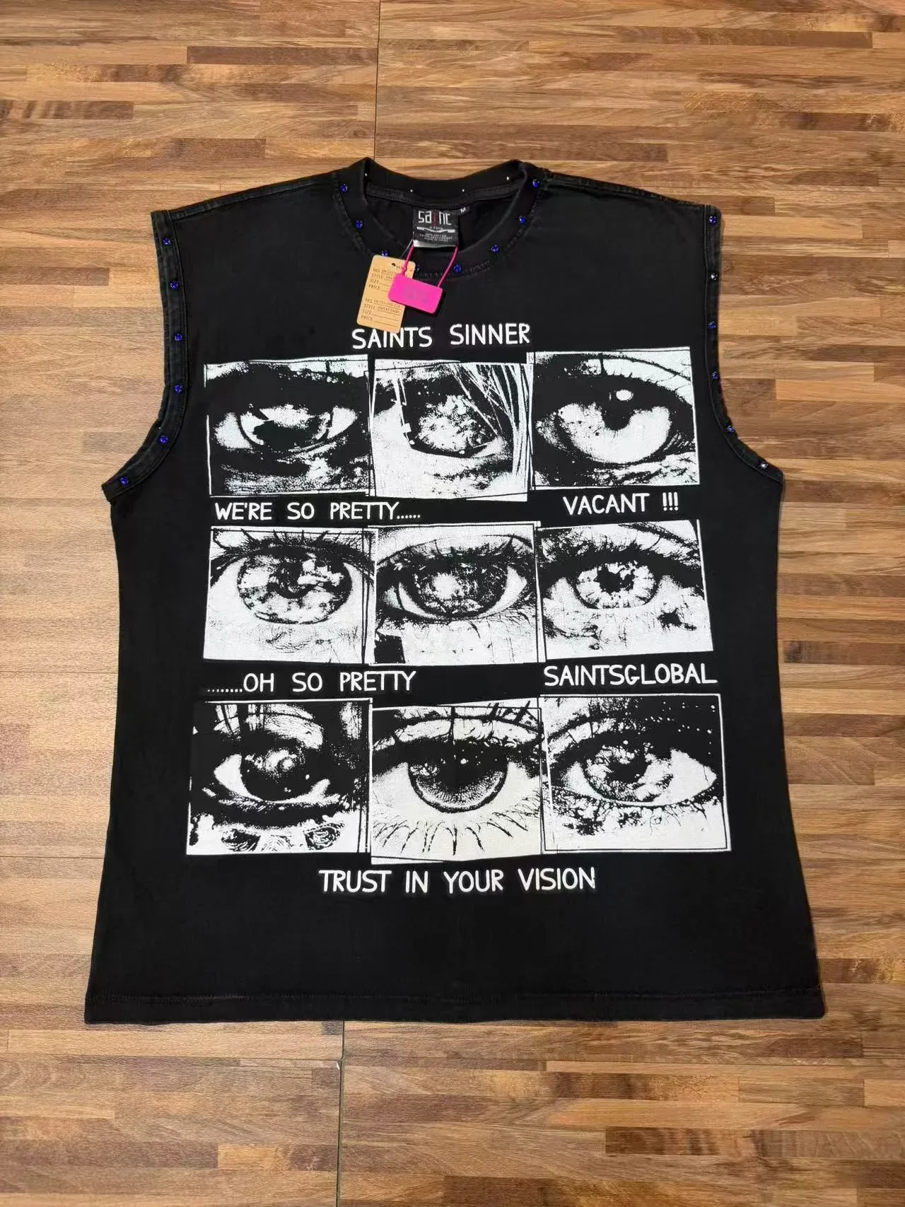 Saints Sinner Vest Top en Denim Noir Imprimé Graphique Bordure Rhinestone 5