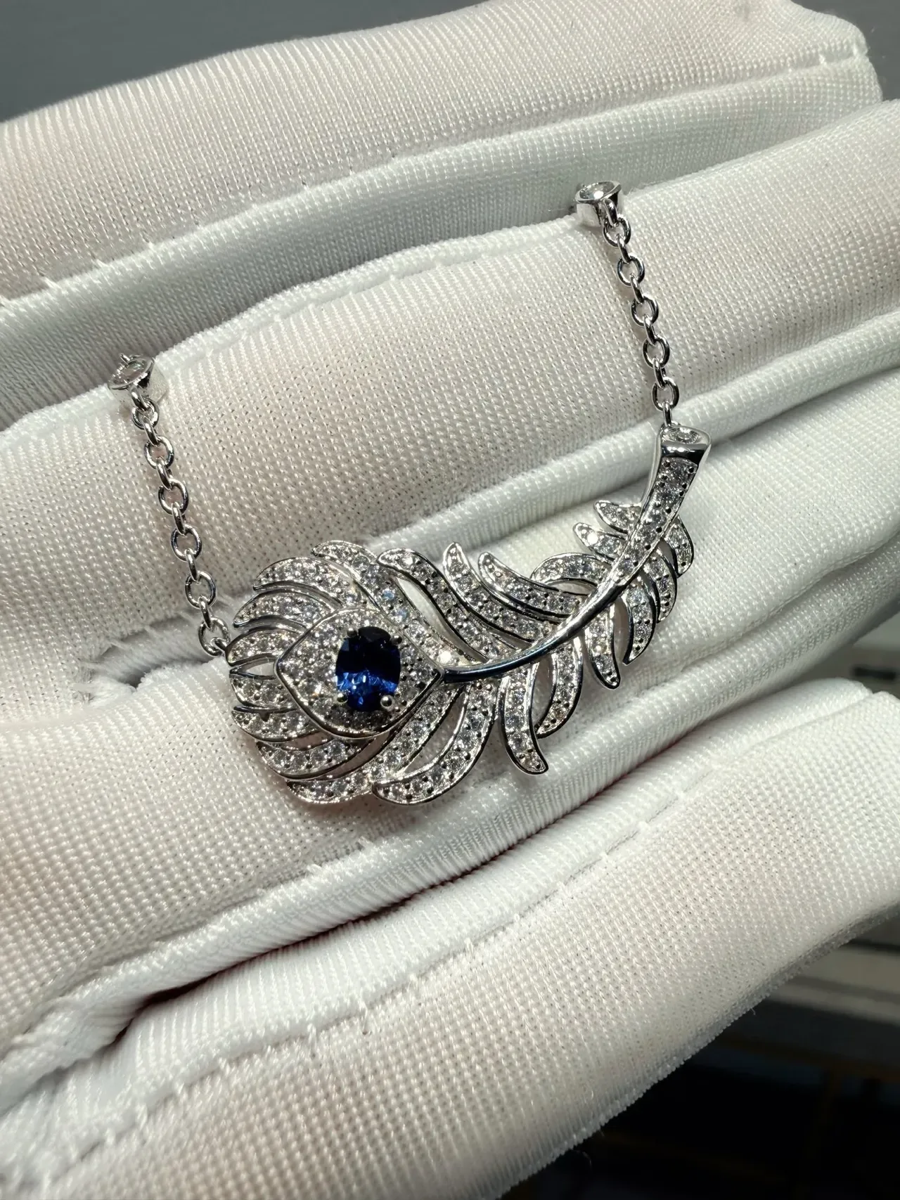 Silver Blue Feather-Shaped Pendants Pavé-Set Stones Necklace 5