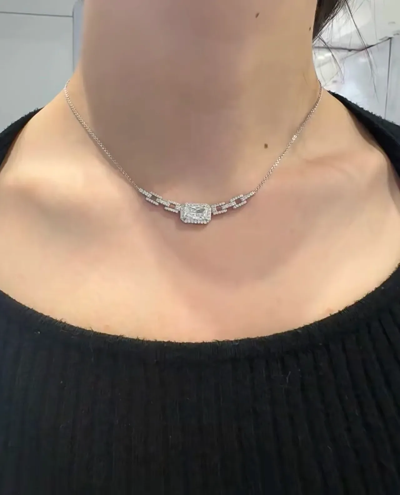 Silver Blue Pavé-Set Link Motif Rectangular Center Stone Necklace 3