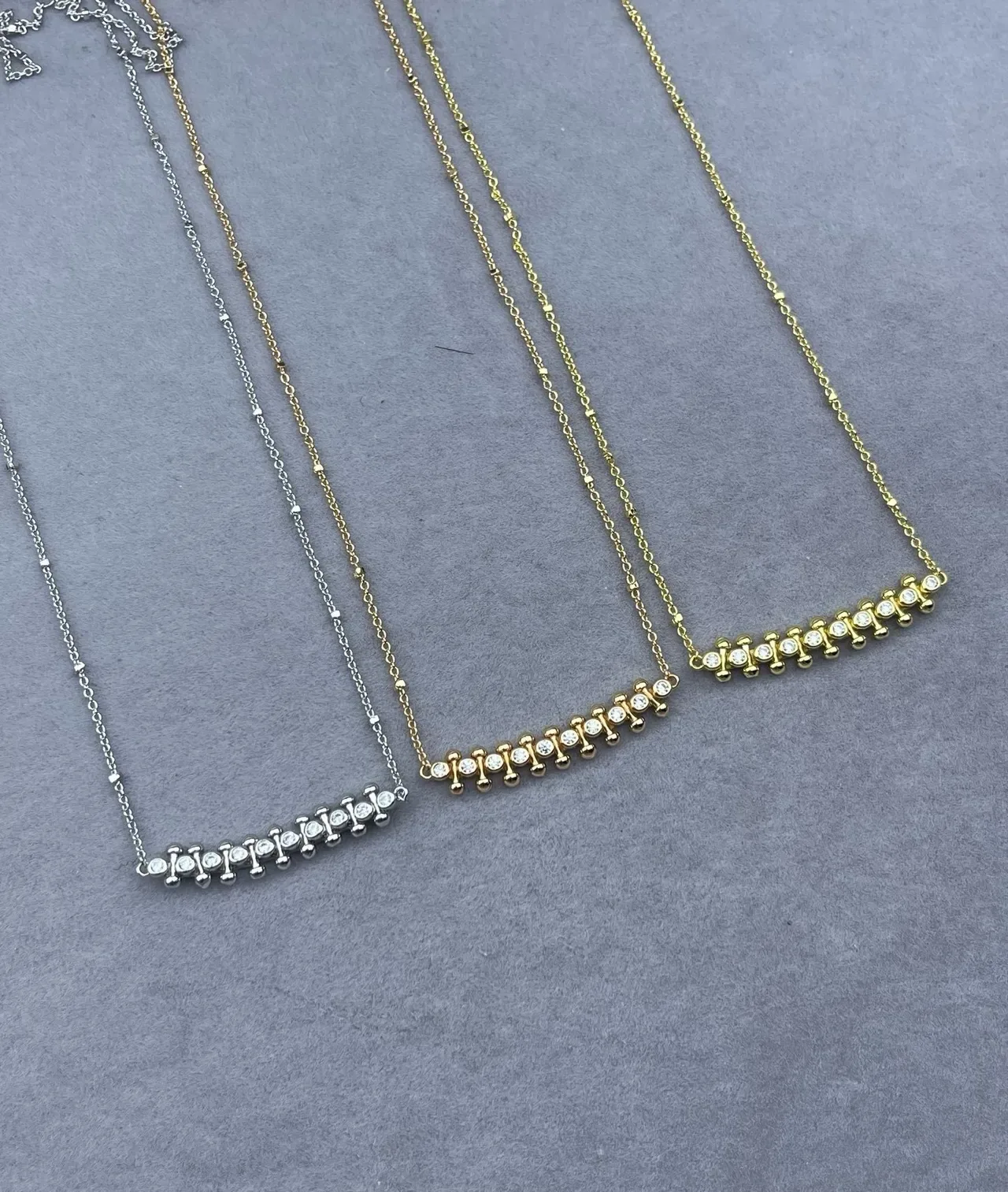 Silver Gold Bar Pendant Pavé-Set Round Stones Necklace 2