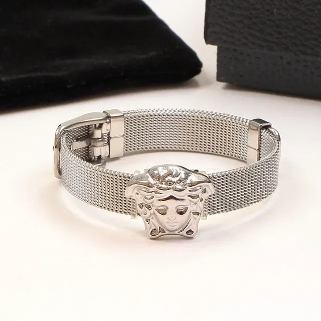 Silver Gold Mesh Band Medusa Head Charm Bracelet 4