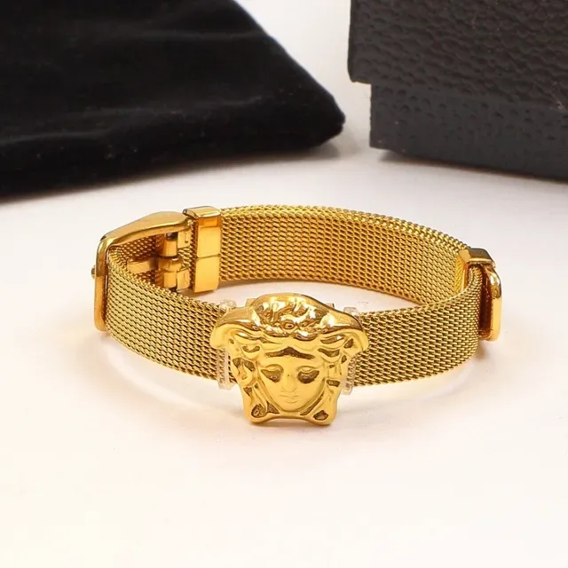 Silver Gold Mesh Band Medusa Head Charm Bracelet 6