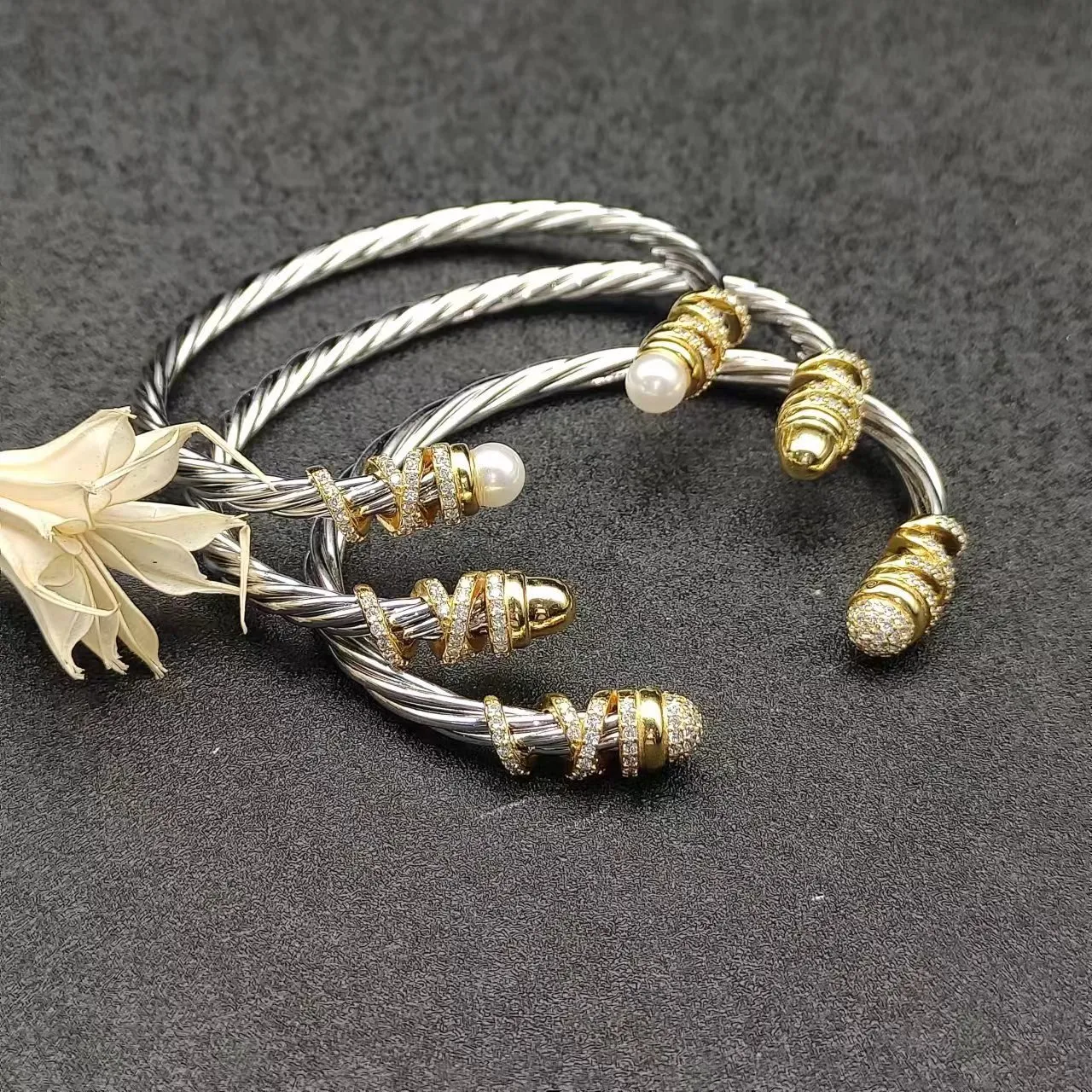 Silver Gold Twisted Cable Ends Bracelet 3