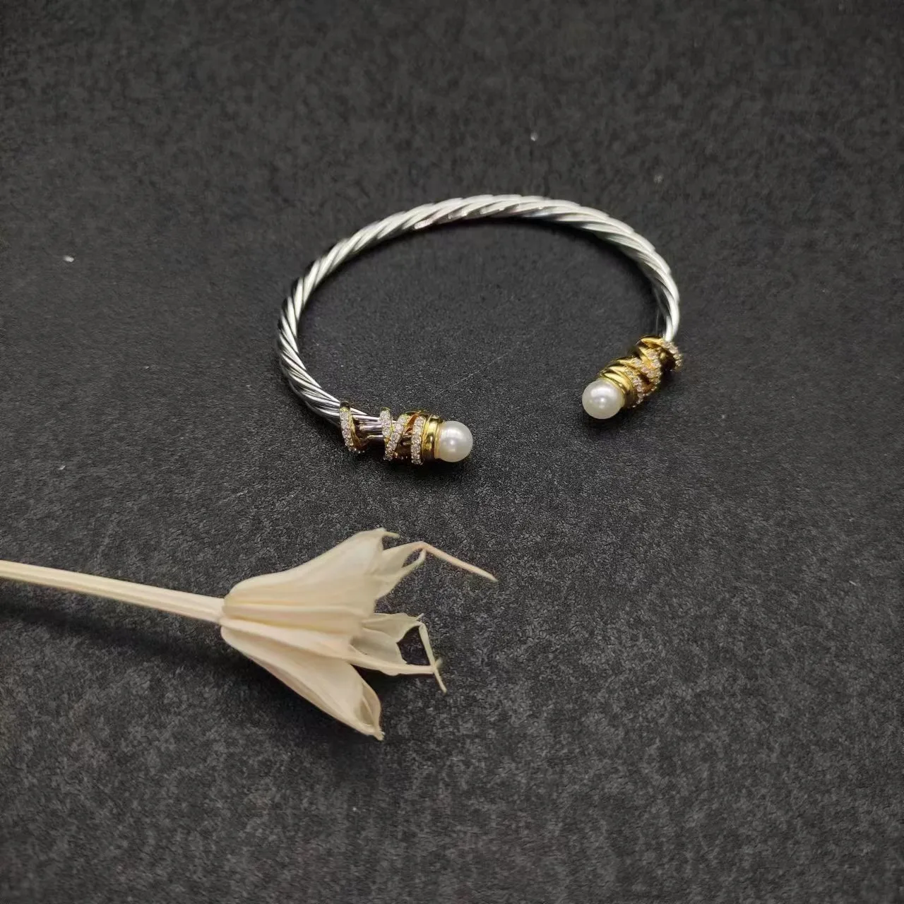 Silver Gold Twisted Cable Ends Bracelet 7