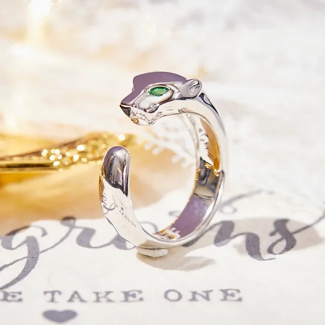 Silver Green Sculpted Panther Head Open Adjustable Band Ring 2