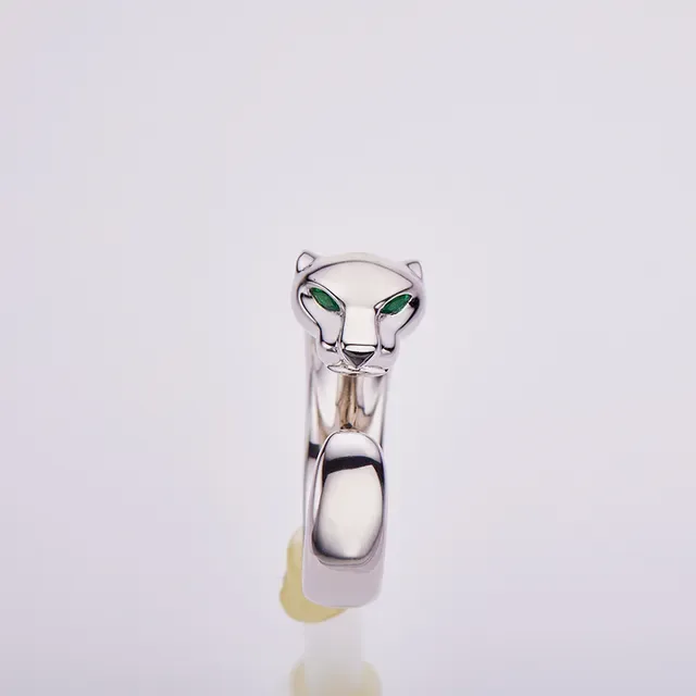 Silver Green Sculpted Panther Head Open Adjustable Band Ring 8