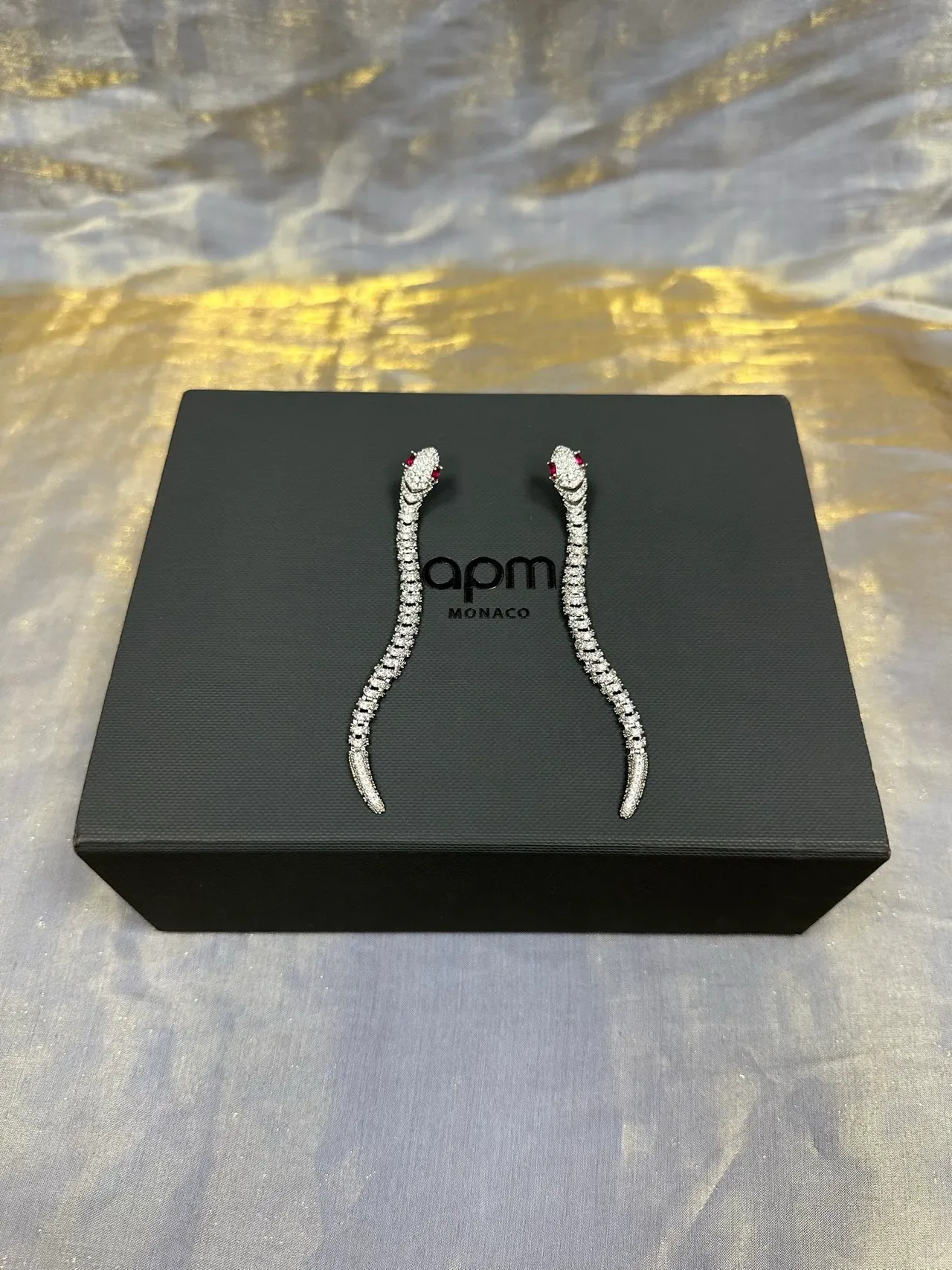 Silver Red Snake-Shaped Pavé-Set Earrings 5