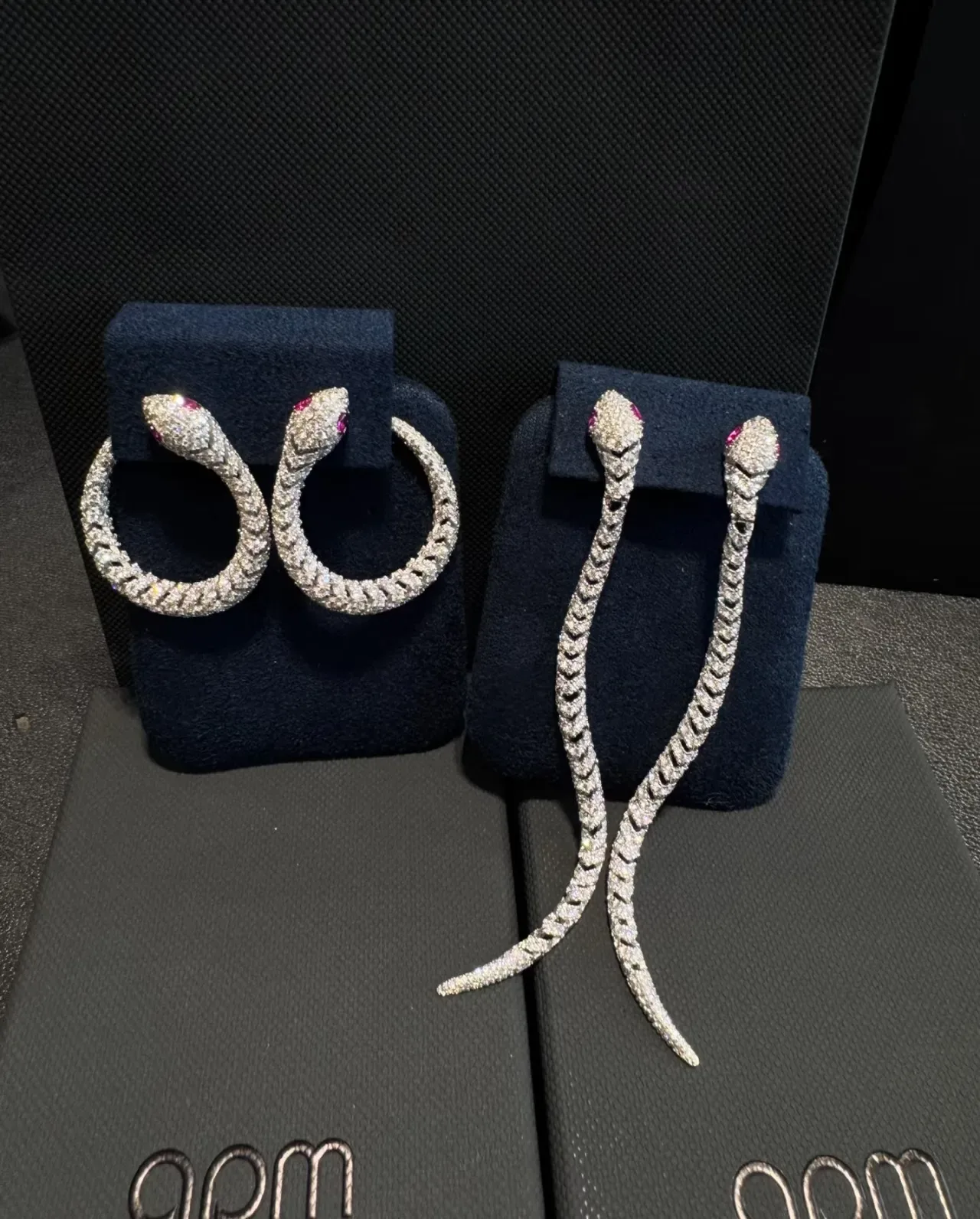 Silver Red Snake-Shaped Pavé-Set Earrings 6