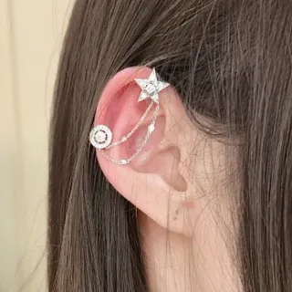 Silver Star and Circle Pavé Chain Ear Cuff Earrings