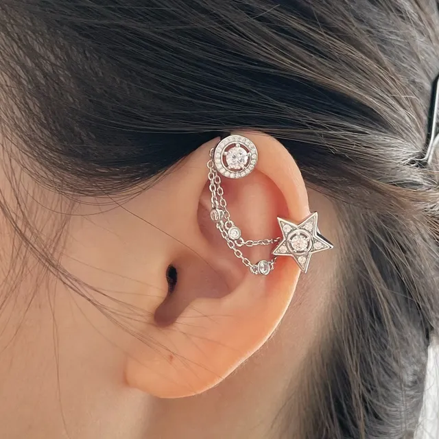 Silver Star and Circle Pavé Chain Ear Cuff Earrings 9