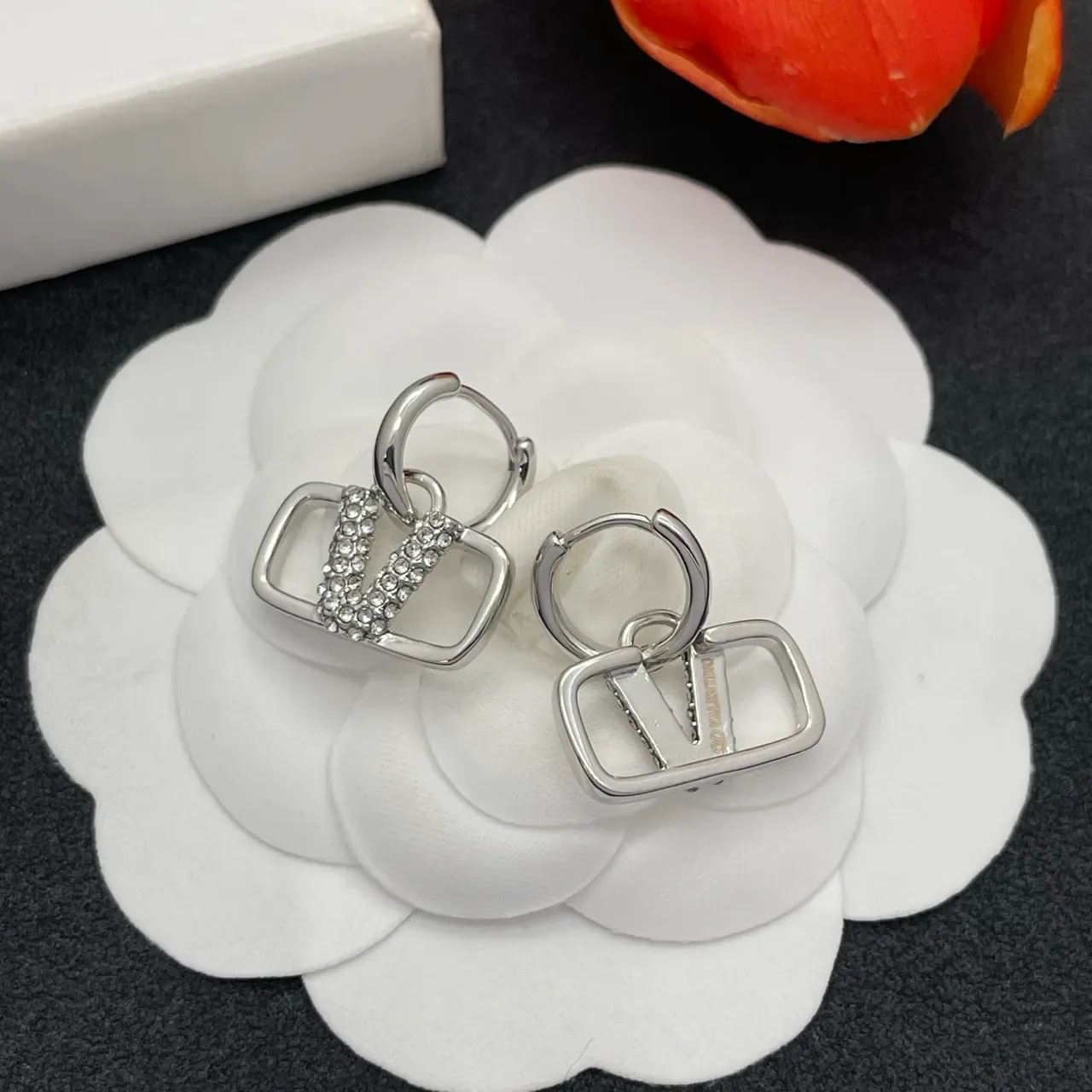 Silver-Tone Crystal V-Motif Hoop Earrings 4