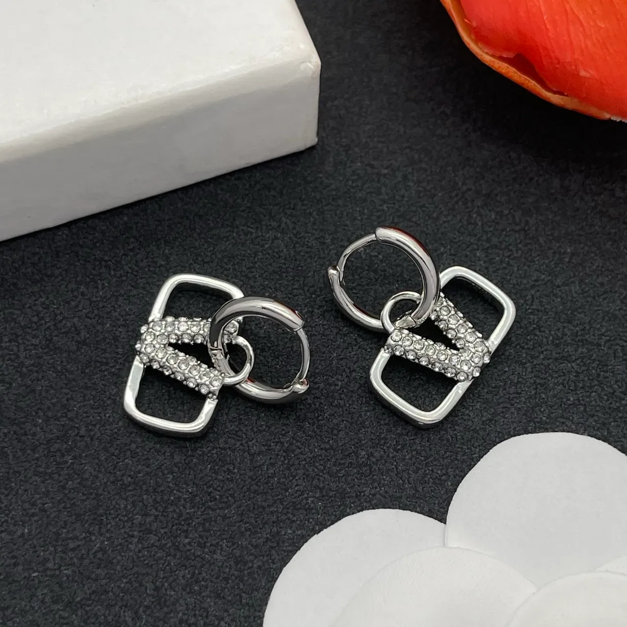 Silver-Tone Crystal V-Motif Hoop Earrings 6