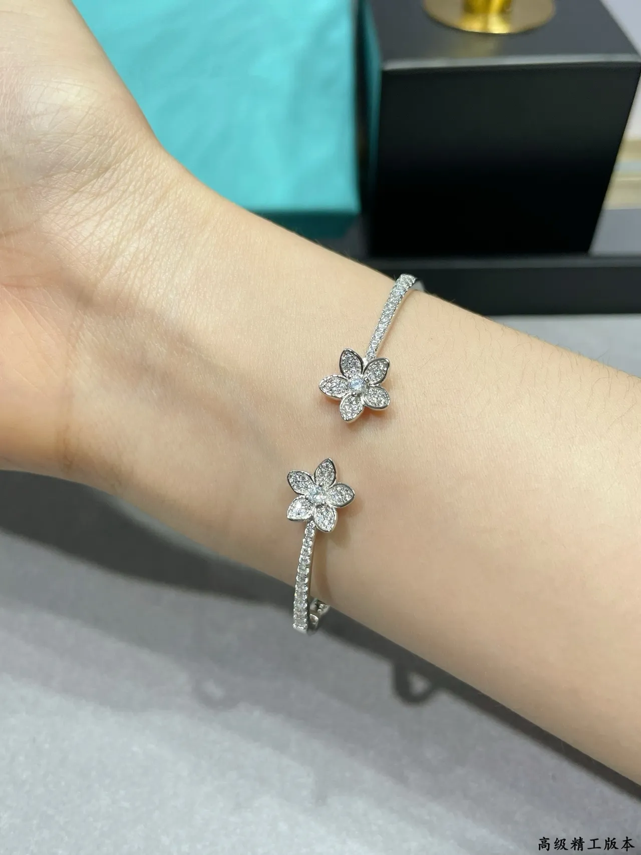 Silver-Toned Pavé Floral Double Flower Open Cuff Bracelet 3
