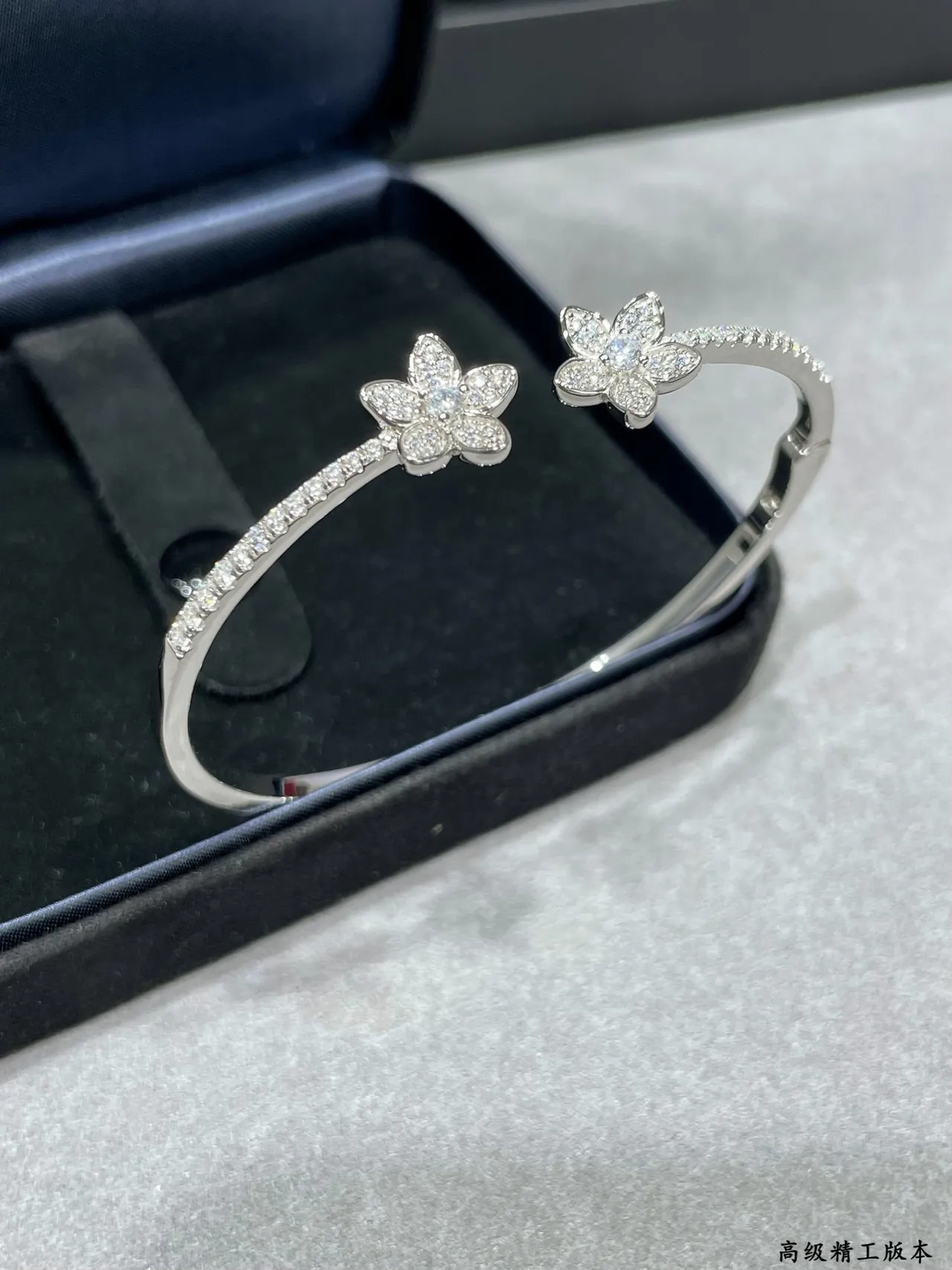 Silver-Toned Pavé Floral Double Flower Open Cuff Bracelet 7