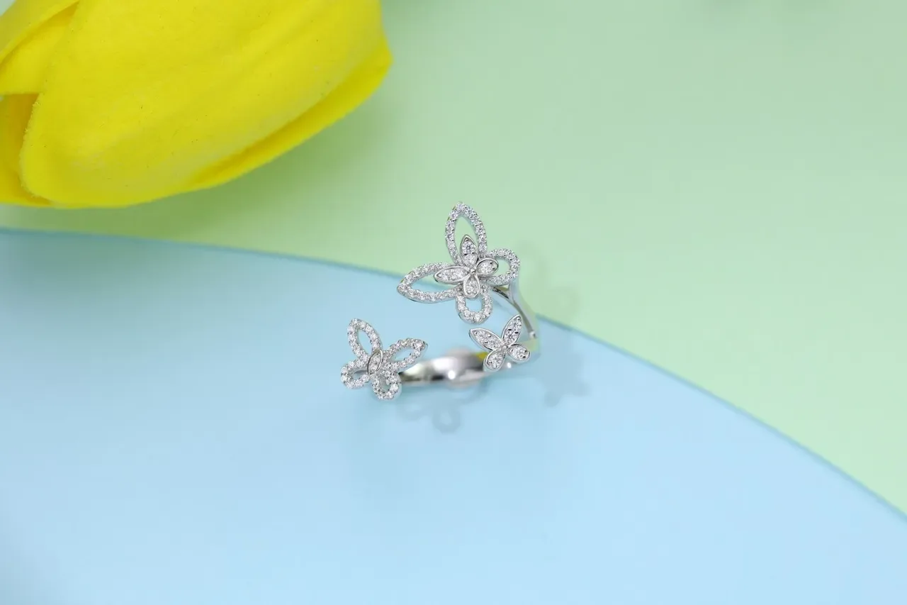 Silver-Toned Pavé Triple Butterfly Open-Band Ring 7