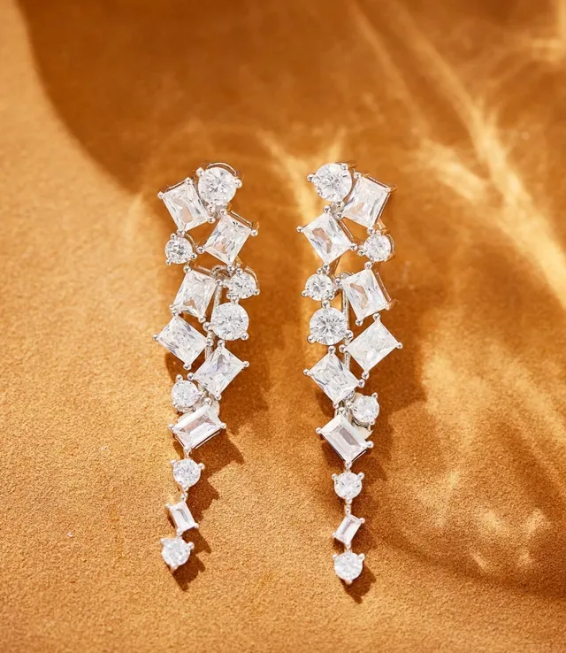 Silver White Cascading Multi-Stone Mixed-Cut Crystals Earrings 6