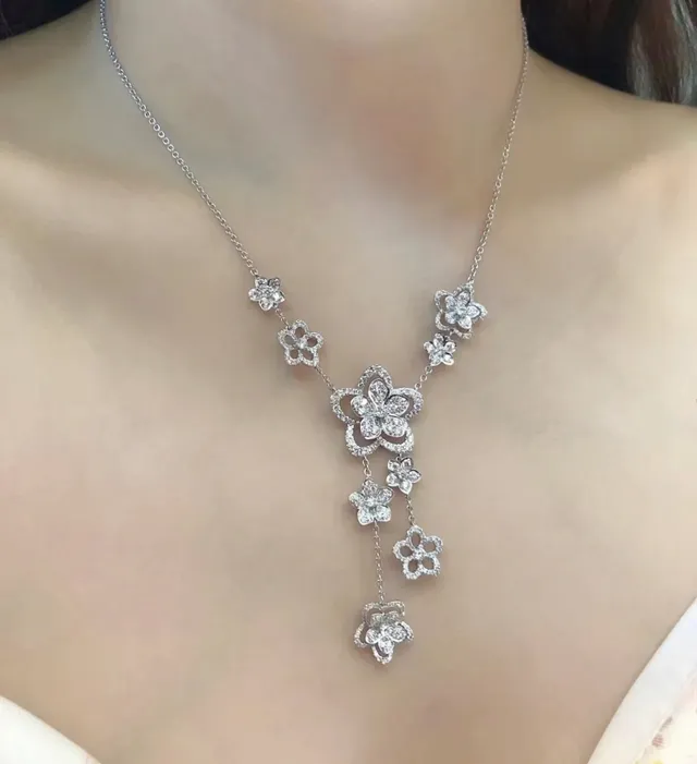 Silver White Floral Motif Pavé-Set Stones Necklace 9