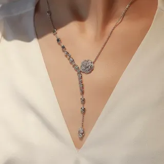 Colar Prata Branca Y-Shaped Lariat Floral Pavé Pendant
