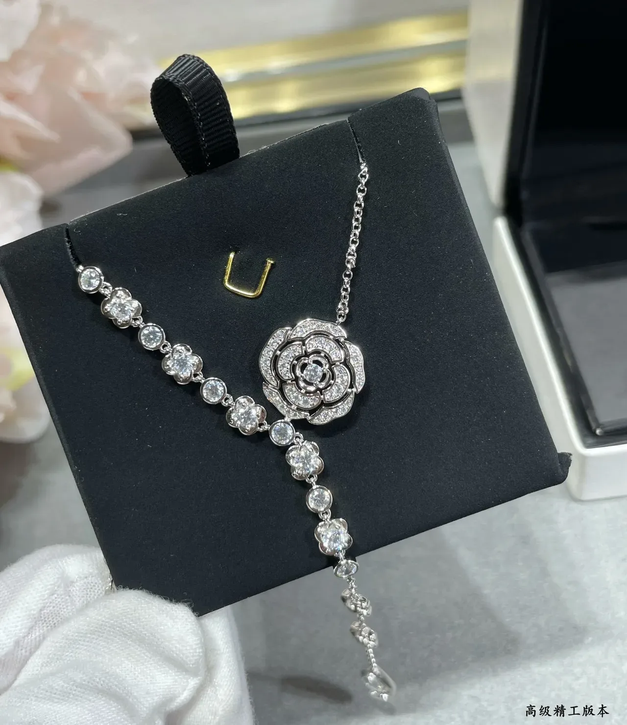 Silver White Y-Shaped Lariat Floral Pavé Pendant Necklace 7