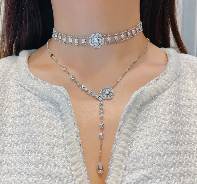 Silver White Y-Shaped Lariat Floral Pavé Pendant Necklace 8