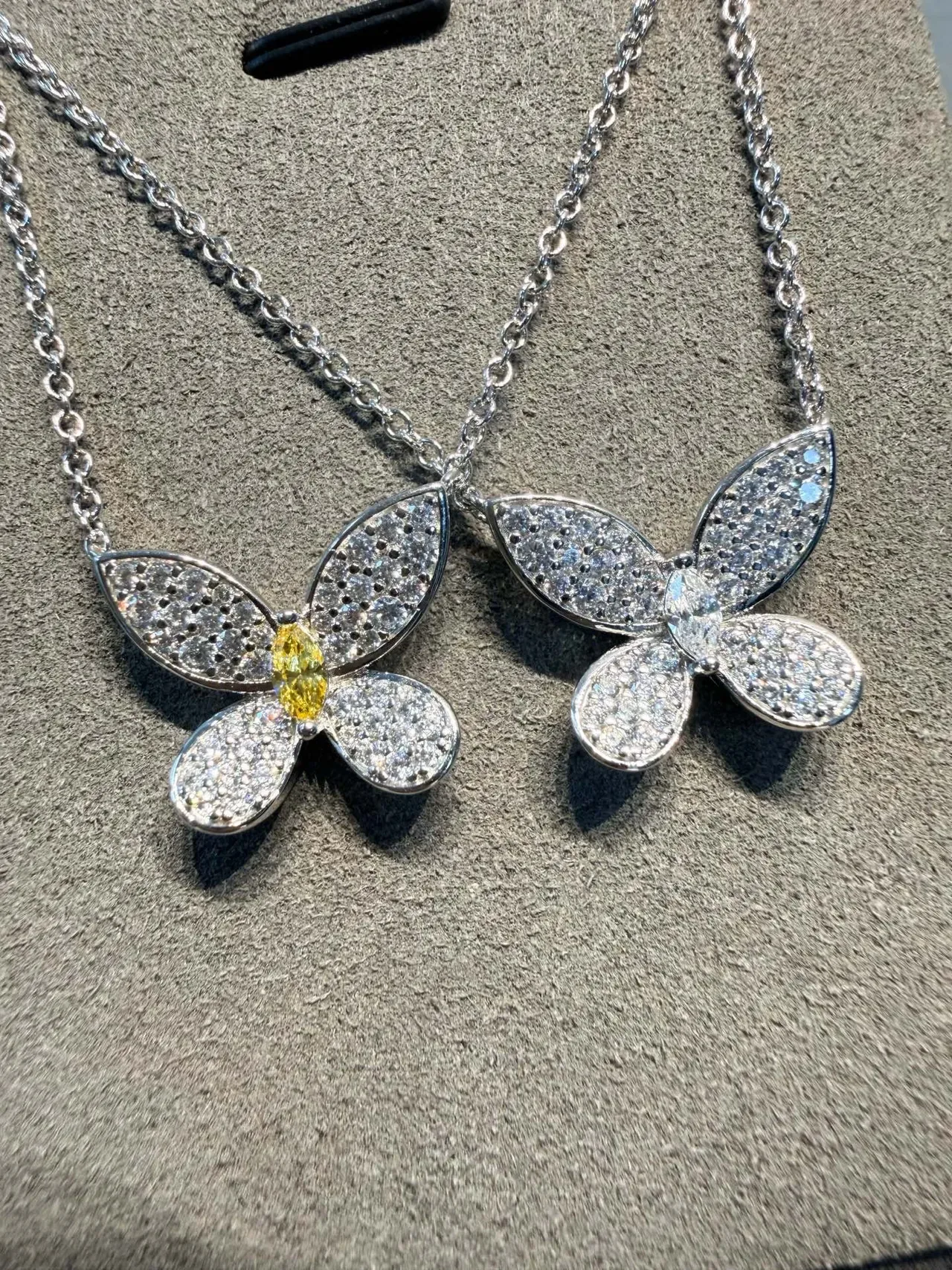 Silver Yellow Butterfly Silhouette Pavé-Set Stones Necklace 4