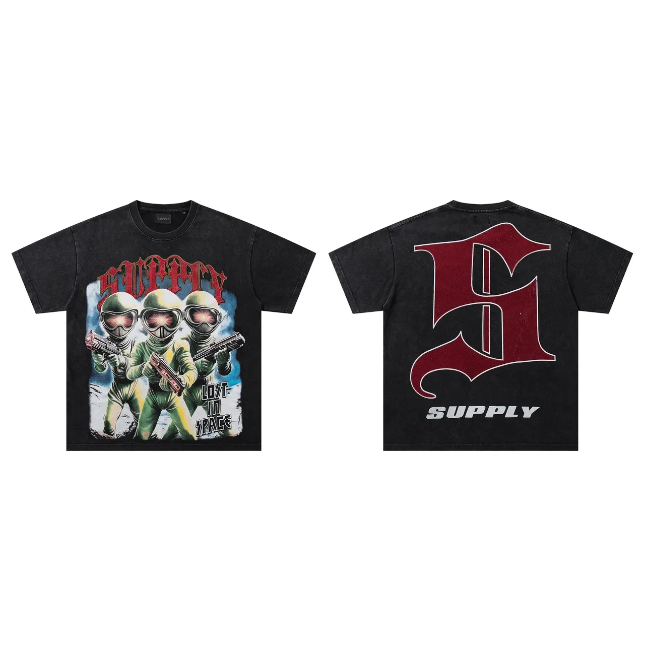 SUPPLY Black Red Oversized Fit Acid-Wash Denim-Like Texture T-Shirt 2