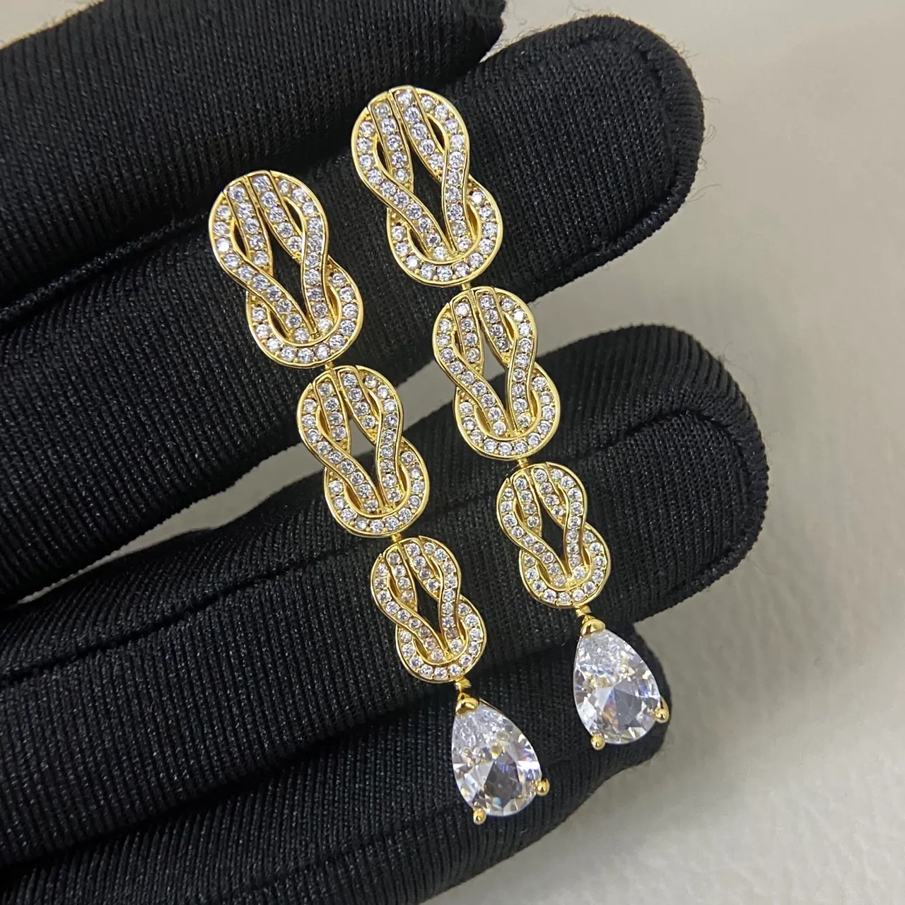 Triple Knot Pavé and Pear Drop Dangling Earrings 3