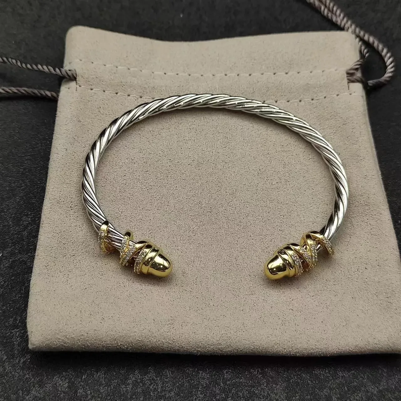 Twisted Cable Two-Tone Pavé End Cap Cuff Bracelet 2