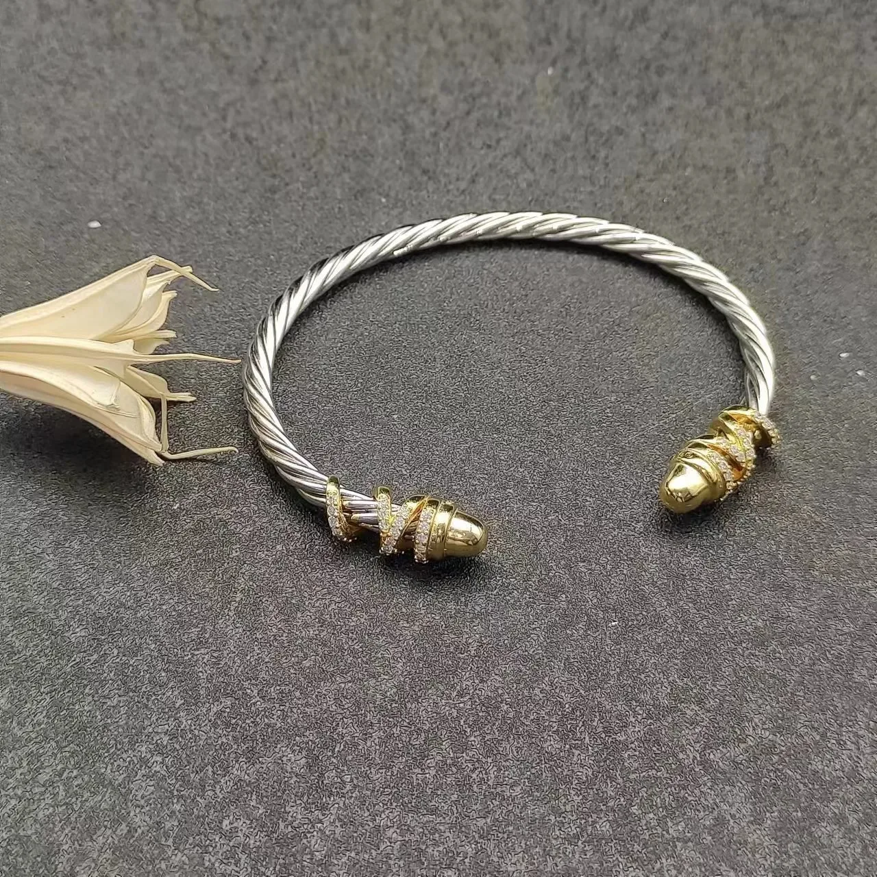 Twisted Cable Two-Tone Pavé End Cap Cuff Bracelet 6
