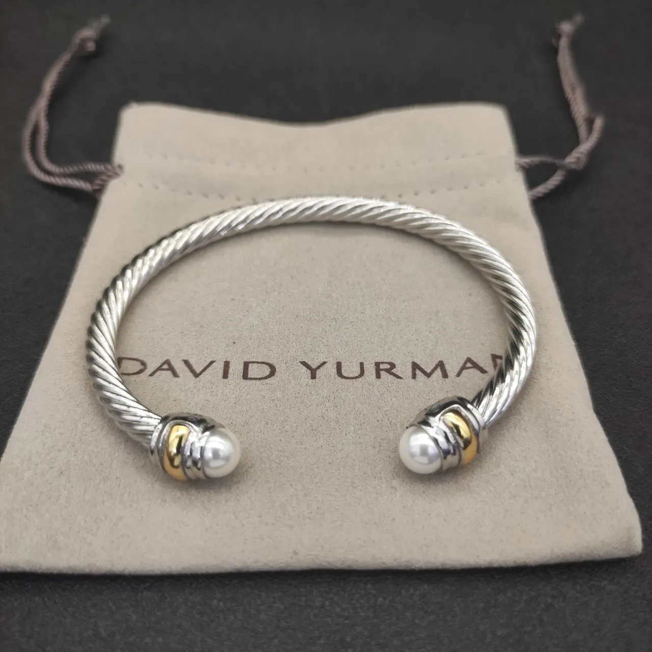 Twisted Cable Two-Tone Pearl-End Open Bangle Bracelet 6