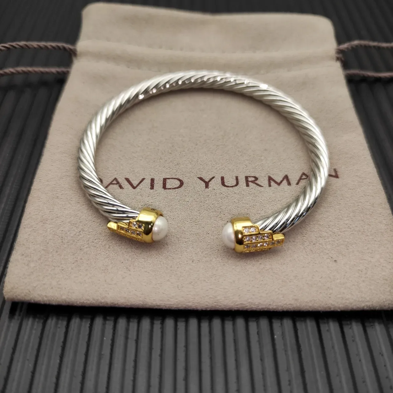 Twisted Cable Two-Tone Pearl-End Pavé Bracelet 8