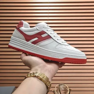 White and Red Leather Suede Court-Style Lifestyle Sneakers