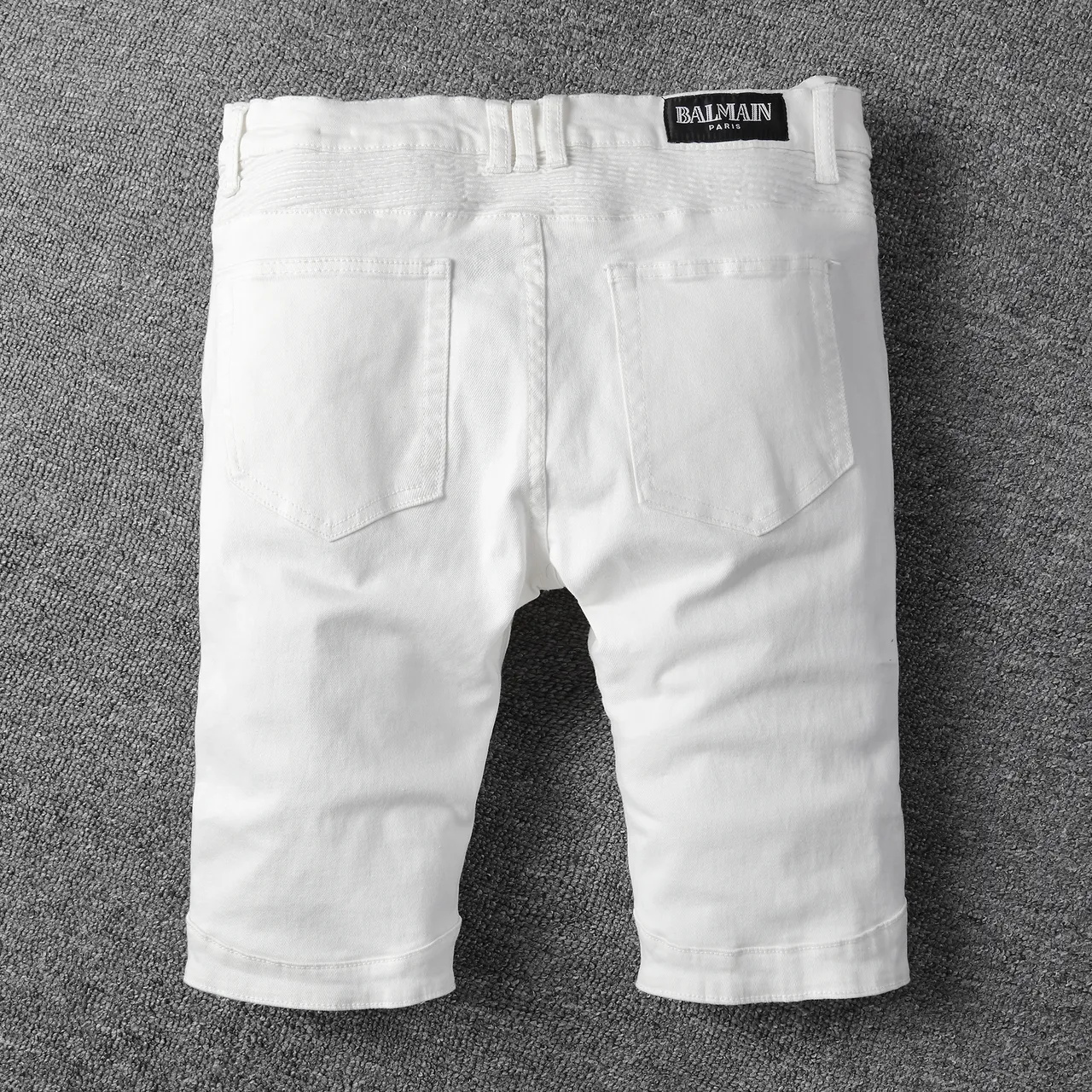 White Denim Zip-Fly Moto Shorts 12