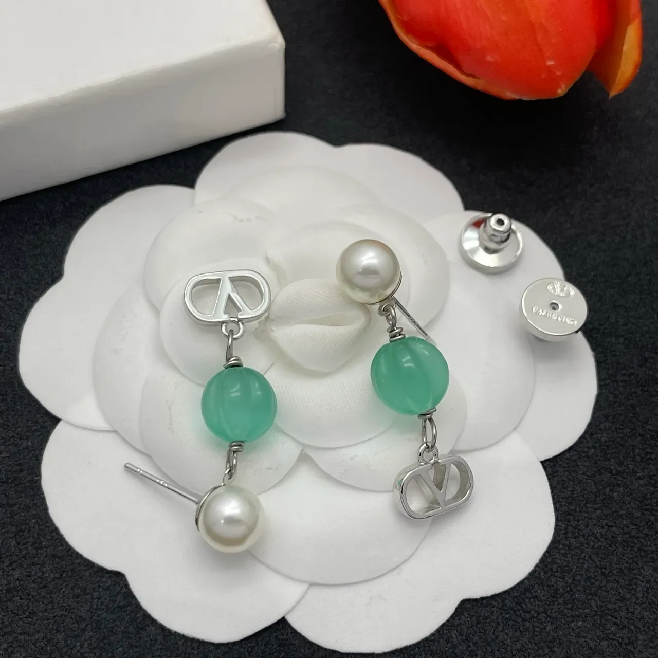 White Green Dangle Pearl And Stone Beads Earrings 6