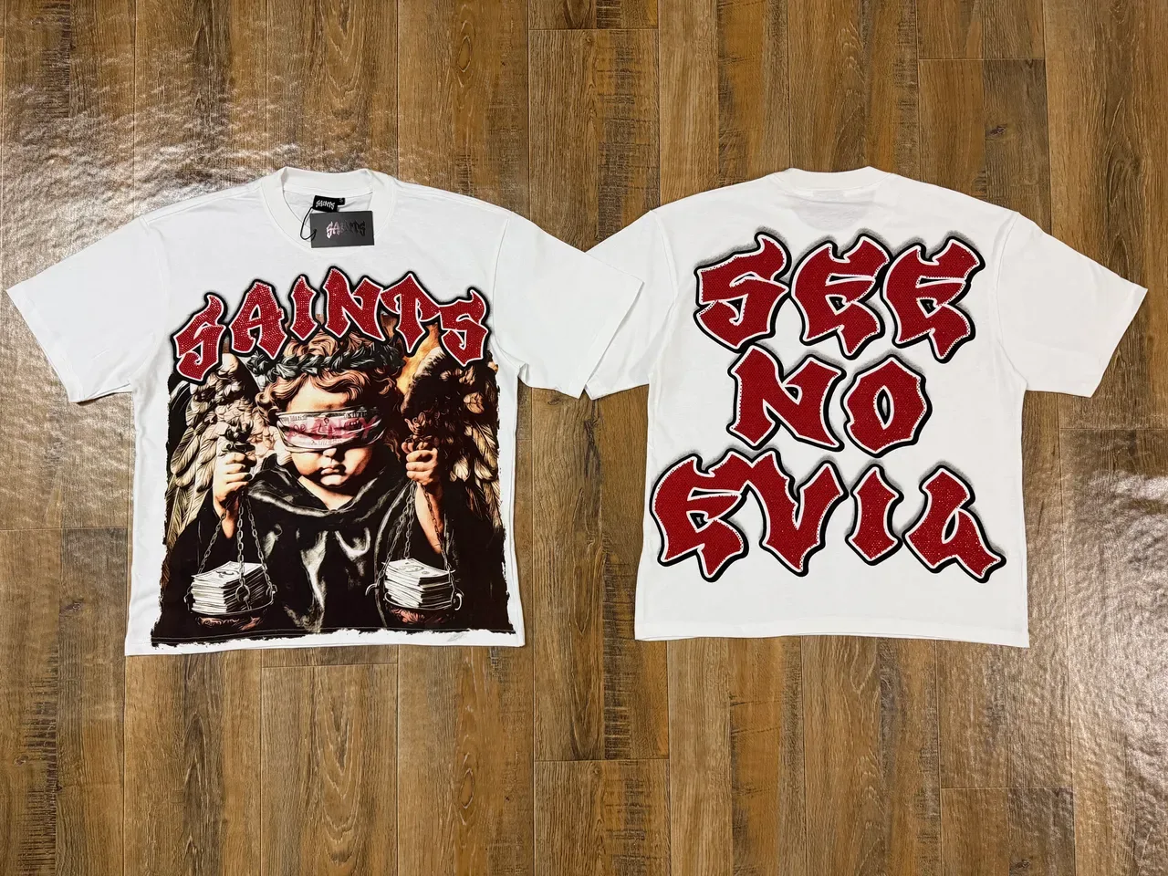 White Red Graphic-Print Crewneck T-Shirt 4