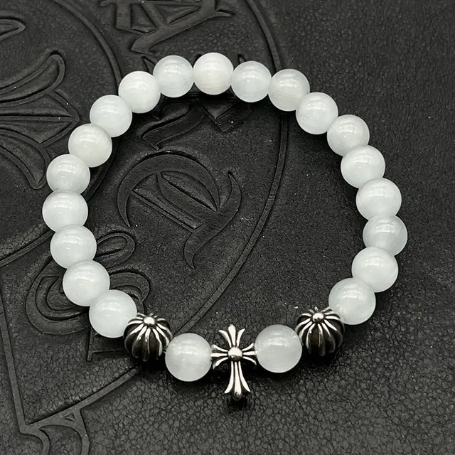 White Silver Beaded Translucent Stone Bracelet 6