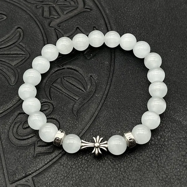 White Silver Beaded Translucent Stone Bracelet 8